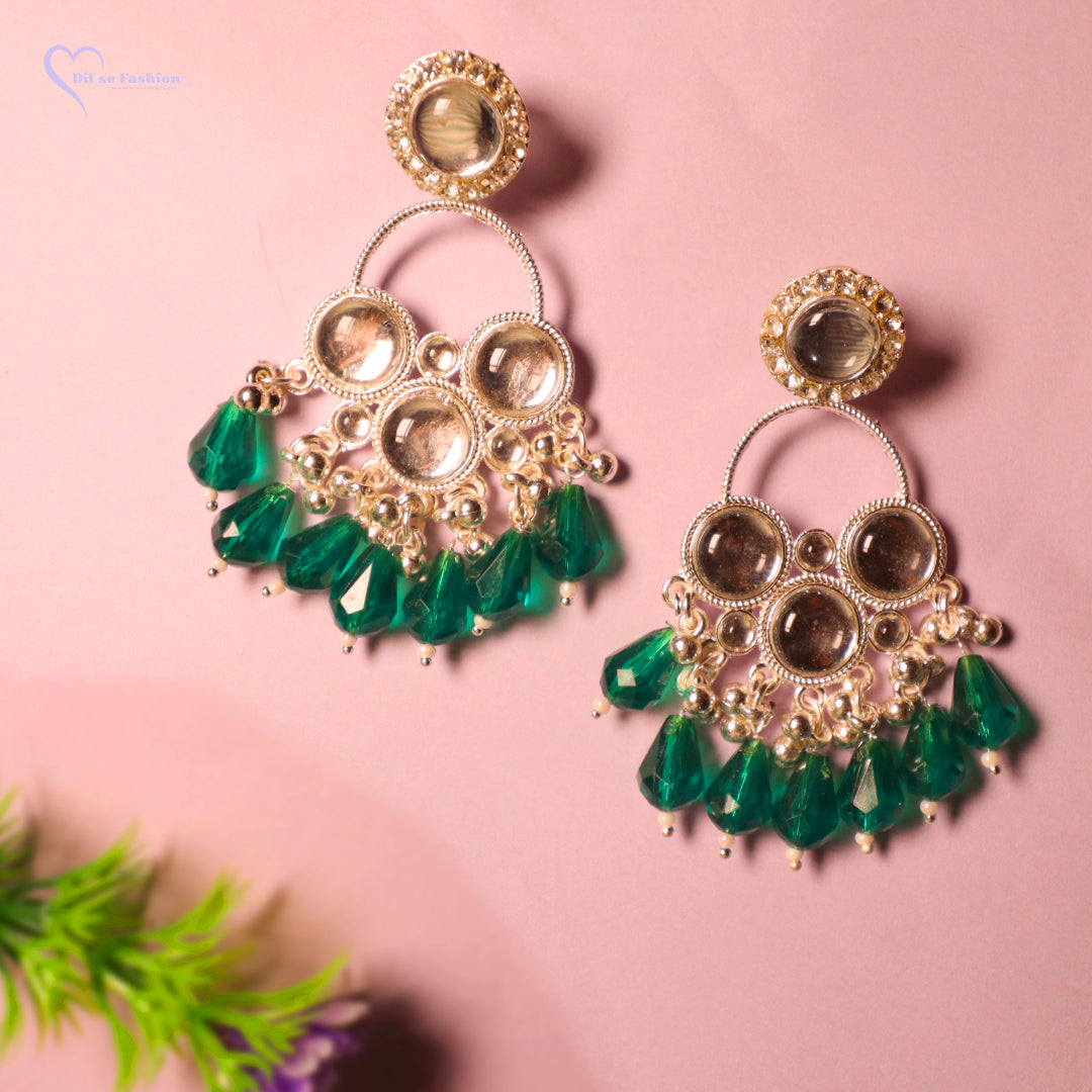 Long Green Stones Jhumka Earrings