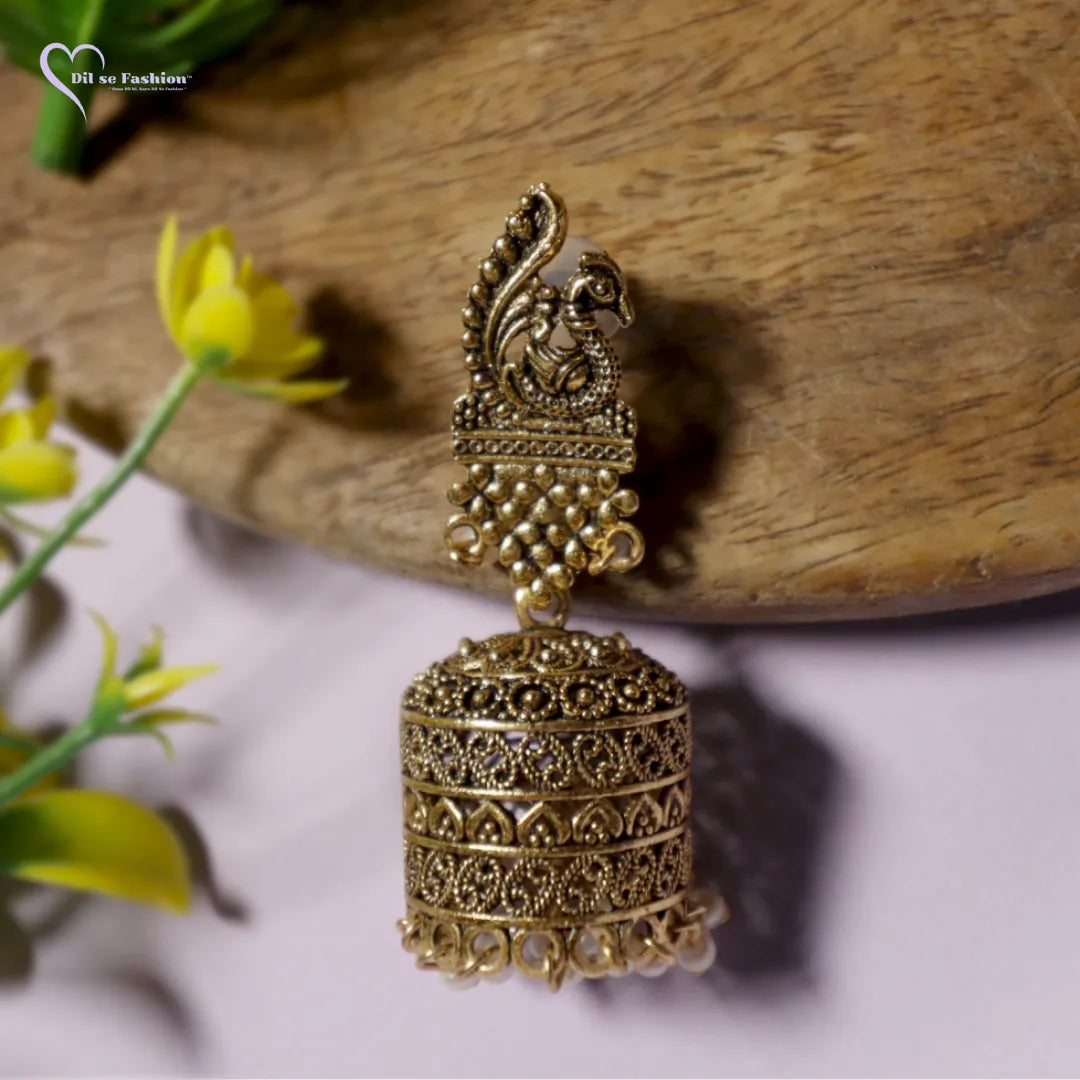 Matt Gold Peacock Jhumka Earrings